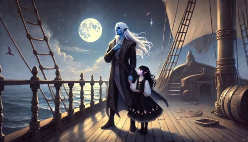 DALLE-2025-01-23-17.57.53---A-dramatic-fantasy-illustration-of-a-drow-mage-named-Valkor-and-a-dhampir-girl-named-Lilith-standing-on-the-deck-of-a-slightly-deteriorated-ship-at-ni.webp
